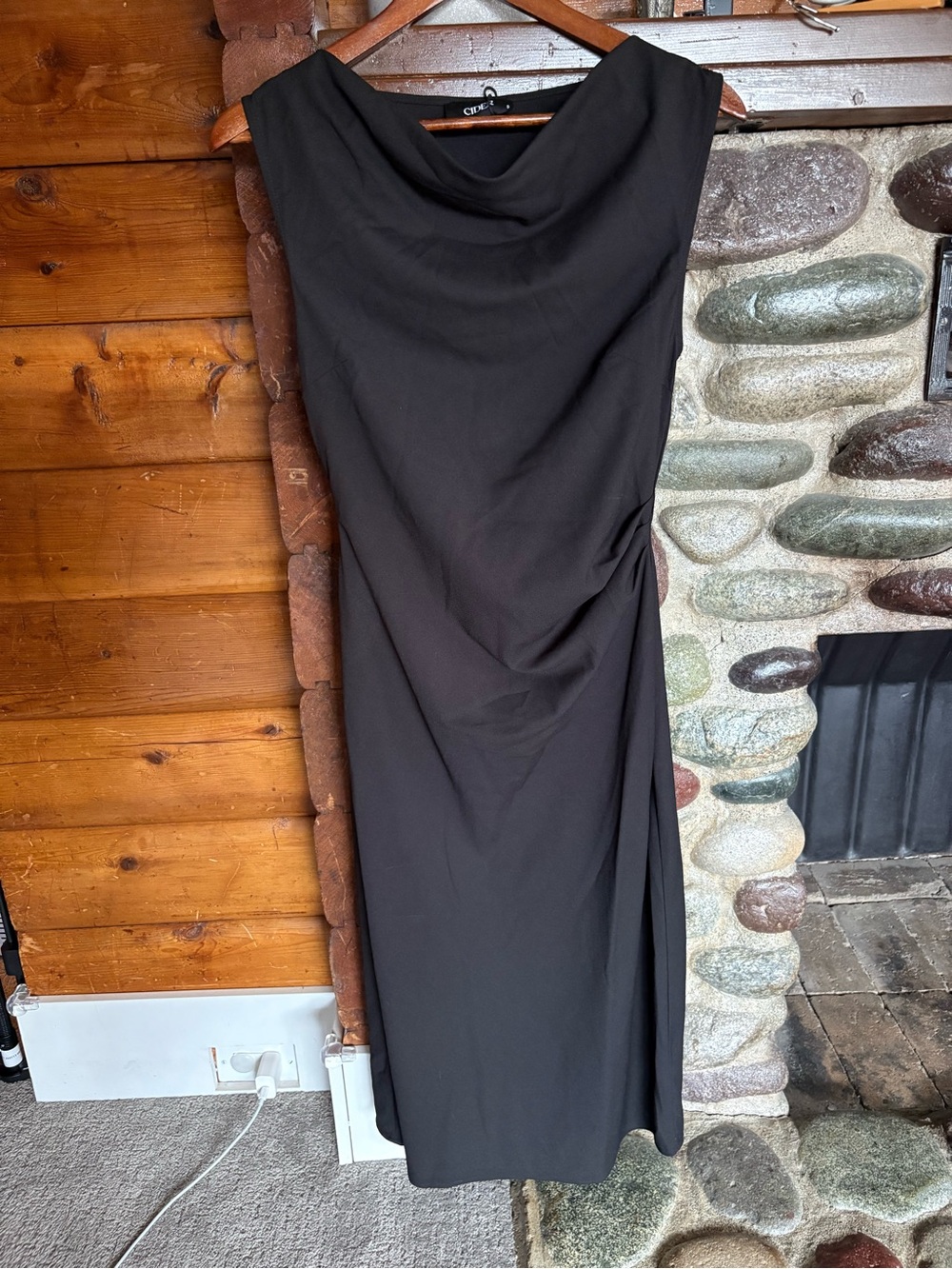 CIDER Black Cowl Neck Ruched Midi Dress NWT Elegant Cocktail